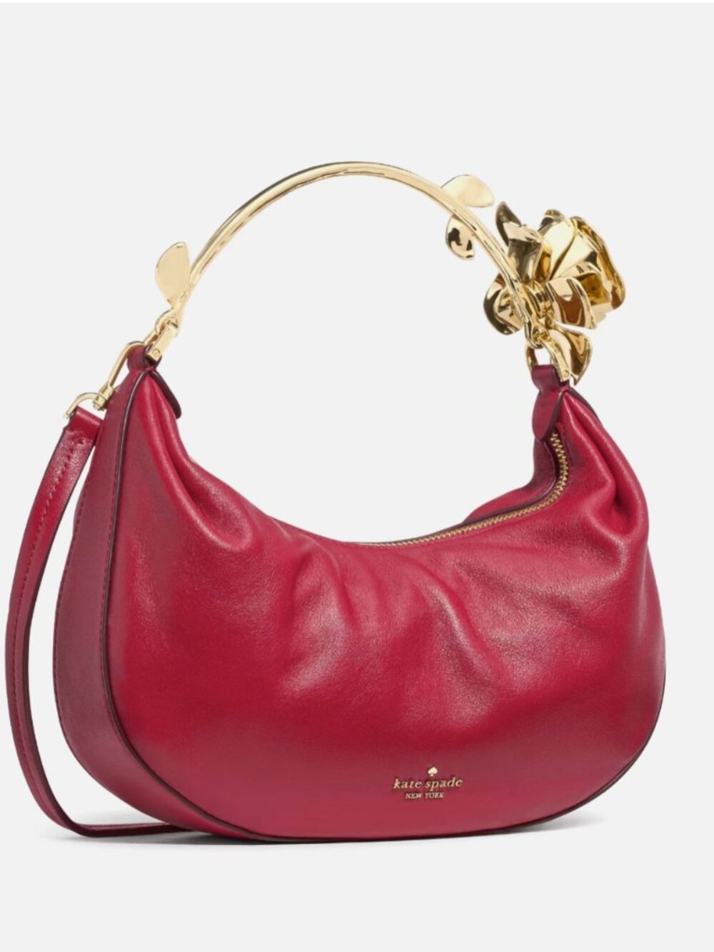 New Kate Spade Selene Metal Floral Handle Bag Smooth Leather Red Jam